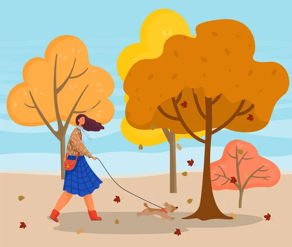 Herbstlandschaft, Mädchen gehen mit Hund im Park spazieren — Stockvektor