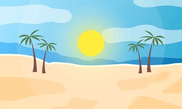 Схід сонця на березі моря. Негативний вид на піщаний пляж з пальмою в тропічному курорті. — стоковий вектор