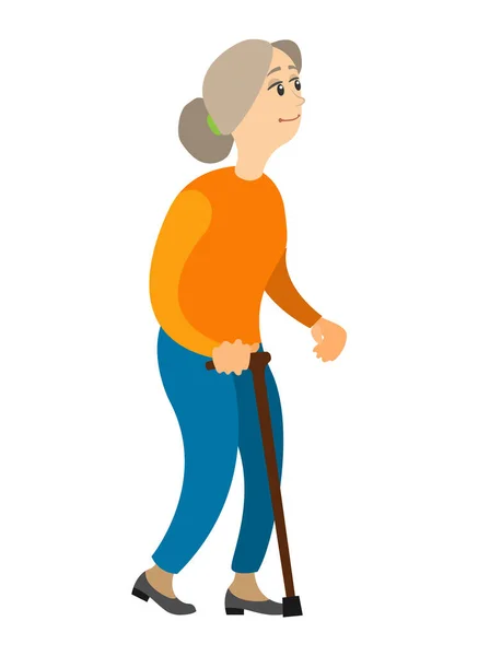 Old Woman Holding Cane, Walking Grandma Vector — Stock Vector