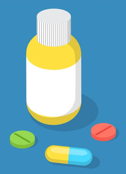 Frasco de plástico amarillo mate con tapón de rosca para medicamentos, tabletas, pastillas. Medicina, concepto de farmacia — Archivo Imágenes Vectoriales