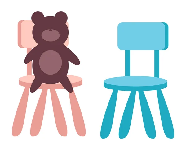 Dětská hračka, medvídek sedící na židli na bílém vektorovém obrázku. Dětské hračky a nábytek — Stockový vektor