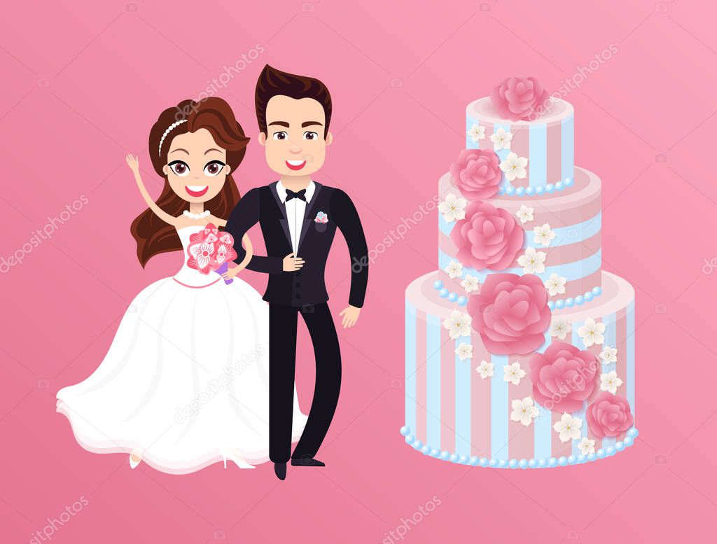 Happy Bride with Groom and Holiday Cake. Vector
