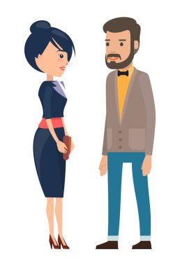 Şık iş adamları. Çizgi film adamı ve kadın karakterleri moda kıyafetleri içinde düz çizimler yapıyorlar.