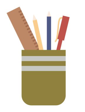 Okul gereçleri ya da ofis ekipmanları olan bir kalem tutacağı. Kalem ve kalemler, dikey kabın içindeki cetvel