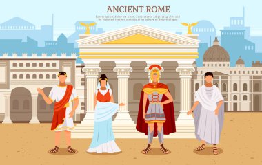 Geleneksel kostümlü kadın ve erkek vektör illüstrasyonlu Antik Roma düz posteri