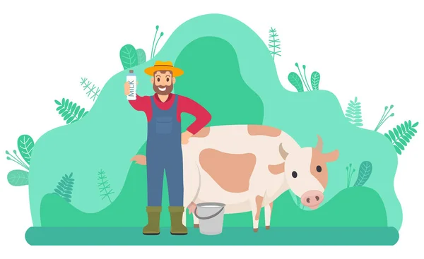 Gårdsarbetare står nära kon på en äng och håller i en flaska mjölk. Jordbruksproduktion — Stock vektor