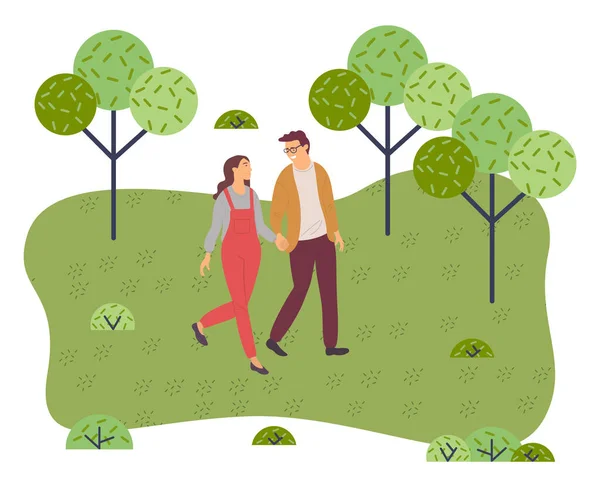 Um casal a passear num parque. Jovem e mulher de mãos dadas andando no jardim de verão, passeio romântico — Vetor de Stock