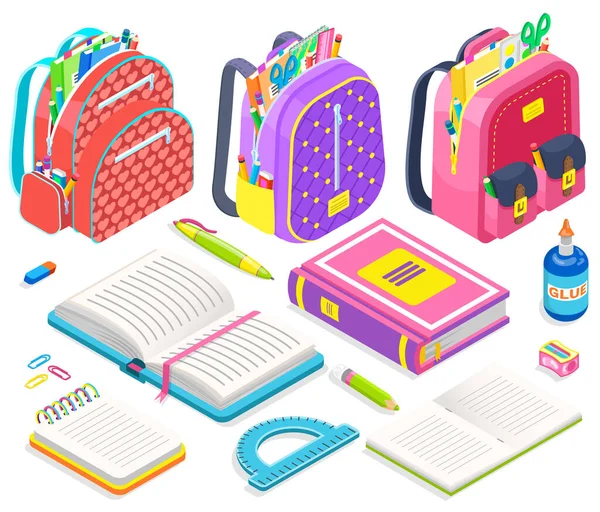 Satchels com material escolar, livros e lápis —  Vetores de Stock