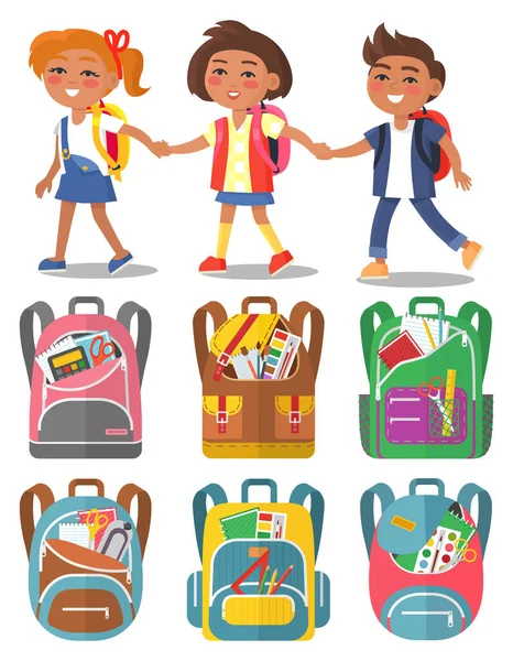 Schoolchildren Hold Hands, Backpacks with Supplies — Stock Vector