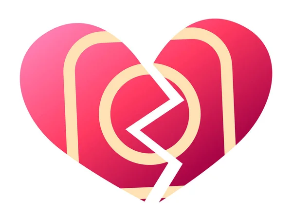 Signo de ruptura de corazón rojo, símbolo de corazón roto de amor infeliz o divorcio ilustración plana — Vector de stock