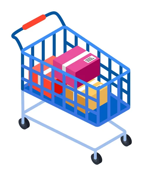 Carrito de compras sobre ruedas con cajas de colores ilustración vectorial de estilo plano aislado en blanco — Vector de stock