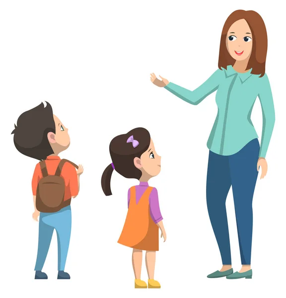 Κορίτσι και αγόρι ακούγοντας με Δάσκαλος στο σχολείο — Διανυσματικό Αρχείο