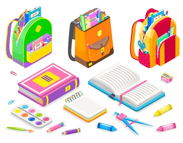 School Bags, Satchels and Books with Supplies — Stock Vector