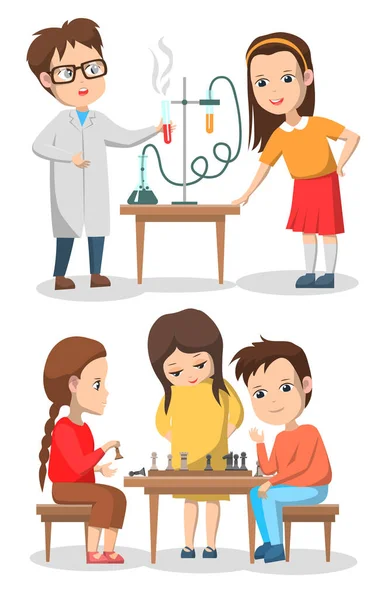 Clases de Química Niño y Niña Club de Ajedrez Niños — Archivo Imágenes Vectoriales