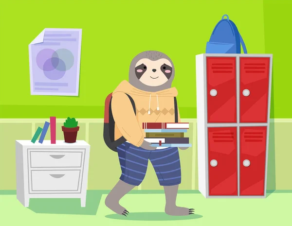 Funny cartoon animal student. A sloth schoolboy with stack of books in hands in the class