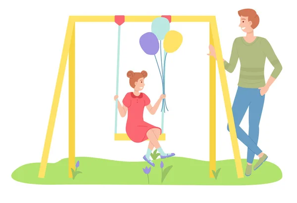 Mężczyzna spacerujący z córką, dziewczyna huśtająca się na huśtawce na boisku. Dzieciak trzymający balony — Wektor stockowy