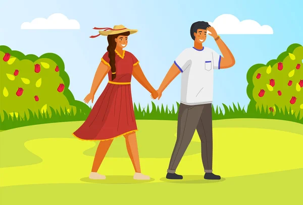 Jonge man en meisje hand in hand wandelen in de zomer tuin, weekend wandeling in park zonnige dag — Stockvector