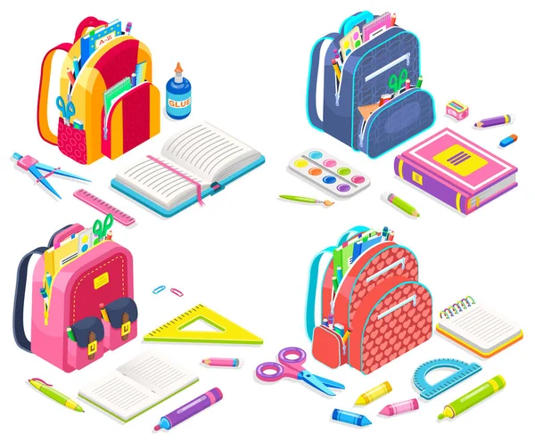 Skolväska med skolmaterial, böcker och pennor — Stock vektor
