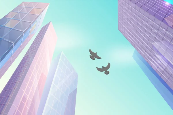 Edificio de rascacielos en el espacio de la ciudad en concepto de estilo plano vista inferior y palomas de pájaros en el cielo — Archivo Imágenes Vectoriales