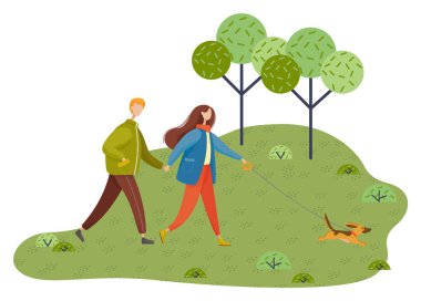 Genç çift parkta köpekle yürüyor. Şehir dışına bir gezi. Açık hava aktivitesi. Düz vektör resmi