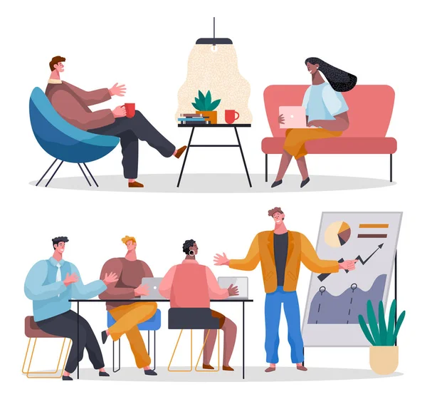 Office workers. Co-workers. Colleagues discuss project teamwork. Office staff work and communication — Stock Vector