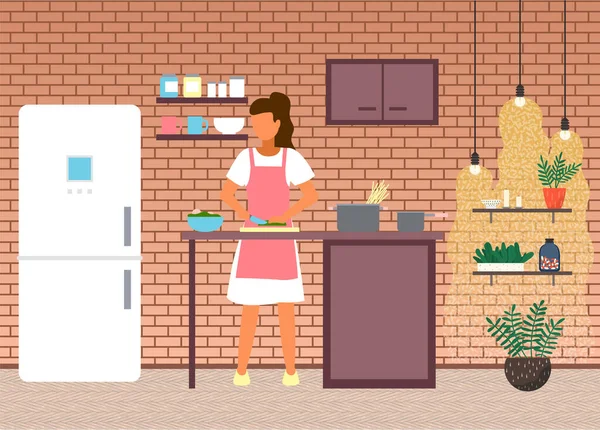 Mujer cocinando comida en la cocina moderna de su casa. Quédate en casa y cuídate gracias a covid-19 — Vector de stock