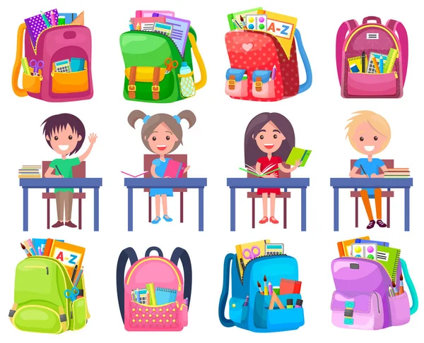 Chica y niño estudiando, mochila etiqueta Vector — Vector de stock