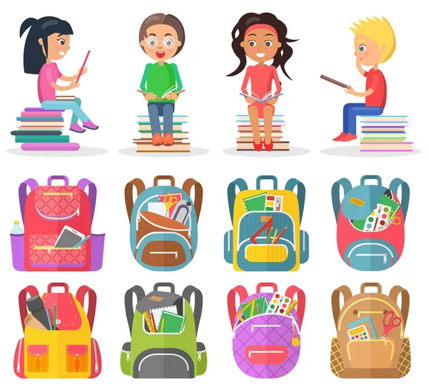Βιβλίο ανάγνωσης μαθητών, σχολική τσάντα, σημειώστε τη μελέτη διάνυσμα — Διανυσματικό Αρχείο