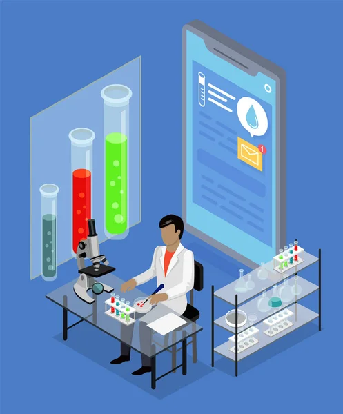 Diagnóstico online. Assistente de laboratório trabalha em laboratório com microscópio. Artigos de vidro para medicina — Vetor de Stock
