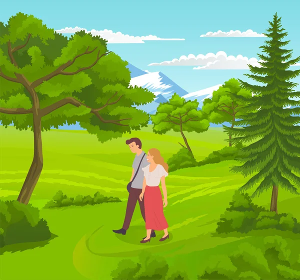 Feliz no amor casal andando na natureza, colinas verdes, grama, árvores, montanhas no fundo — Vetor de Stock