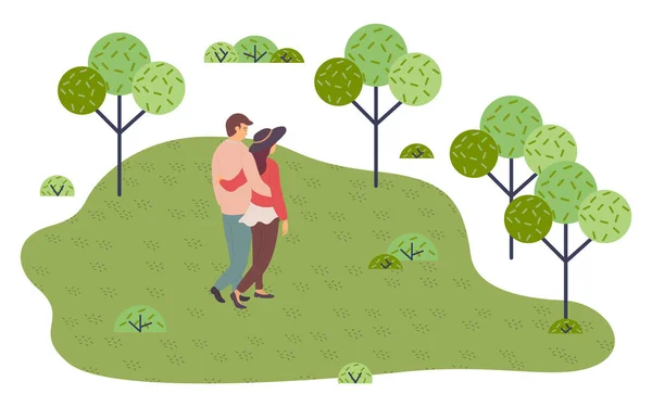 Casal jovem caminha no parque em abraço. Parque ou praça a pé. Espaços verdes. Imagem vetorial plana —  Vetores de Stock