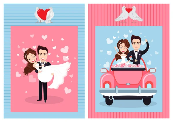 Wedding Celebration, Bride and Groom on Honeymoon — Stock Vector