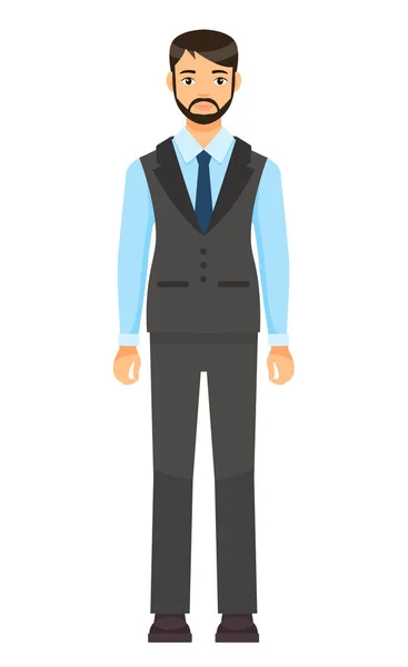 Dresscode pracownik biurowy, człowiek w stylowym płaszczu, kamizelka i spodnie, niebieski krawat, brodaty biznesmen — Wektor stockowy