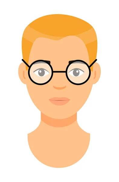 Personaje de dibujos animados en gafas, avatar de hombre joven con mala vista, persona aislada caucásica — Vector de stock