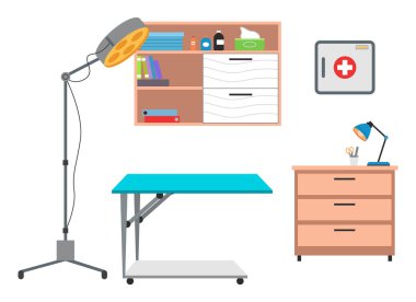 Tıp bürosunun iç malzemesi. Kırtasiyeli ilaç masası, cerrahi zemin lambası.