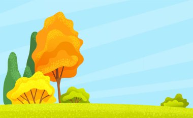 Sonbahar ya da yaz sezonu çizgi film kır manzarası Ormanın önündeki yeşil çayır ya da çayır