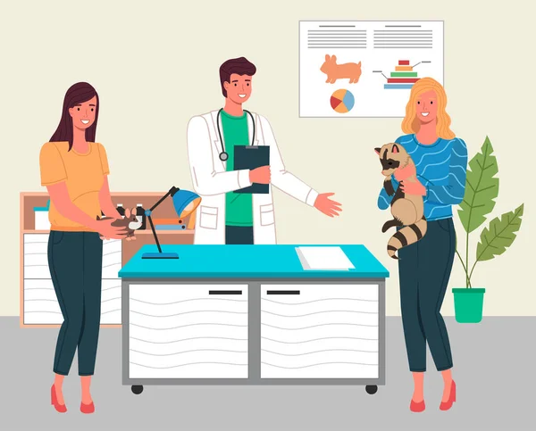 Tierärztliche Versorgung. Tierarzt mit Frau hält Waschbär und Hamster in der Arztpraxis — Stockvektor