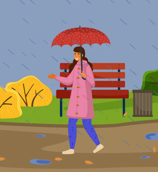 Happy girl holding red umbrella in raining walking in cool weather in city park enjoys the rain — Stock Vector