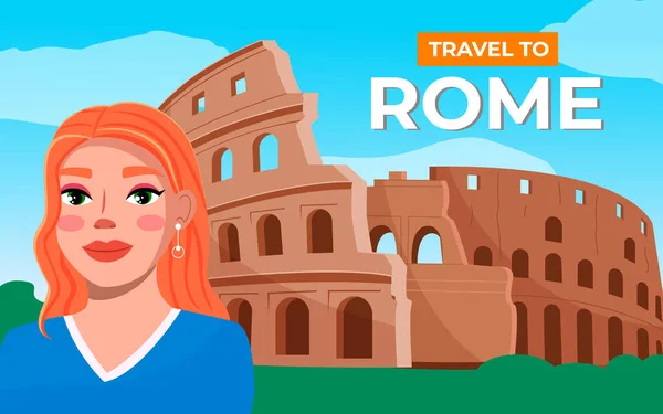 Kolezyumun arka planında güzel bir kız. Genç kadın İtalya 'yı geziyor, mimari eserleri ziyaret ediyor. — Stok Vektör