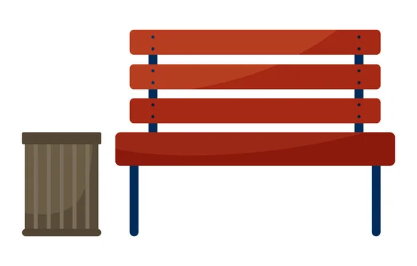 Stilisierte flache hölzerne Parkbank mit roter Farbe und Mülleimer, Frontansicht isoliert auf weiß — Stockvektor