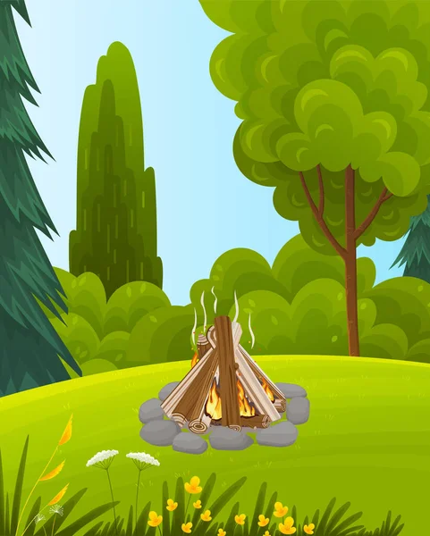 夏休み、たき火で森の中でキャンプ場。植物や茂みと緑のグレードのキャンプファイヤー — ストックベクタ
