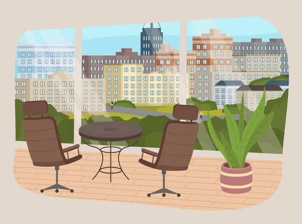Vue de la fenêtre du grand bâtiment. Salon ou bureau intérieur avec fauteuils et table basse — Image vectorielle