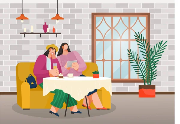 Kız arkadaşlar restoranda buluşur, kadınlar kahveli kek yer, akıllı telefondan selfie çekerler.