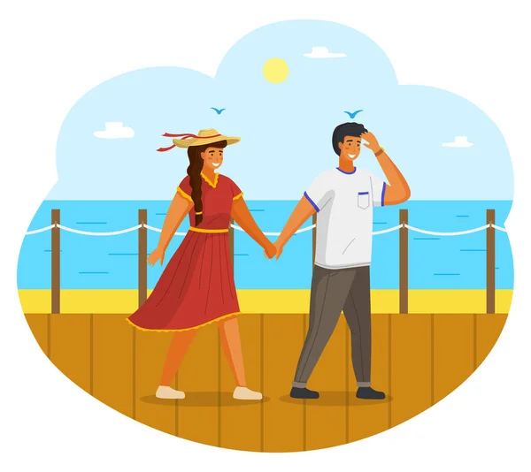 Pareja caminando juntos en la orilla del mar. Joven chico y chica cogidos de la mano caminando en el paseo marítimo — Vector de stock