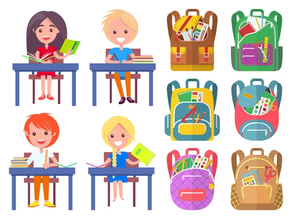 Kız ve Oğlan Çalışma, Sırt Çantası Yapıştırıcı Vektörü