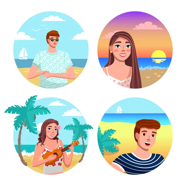 Lachende mensen avatar set. Mannen en vrouwen portretten op verschillende locaties zomervakantie — Stockvector