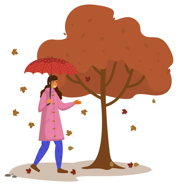 Chica de dibujos animados de otoño sosteniendo un paraguas, de pie bajo un árbol de broun, aislado sobre fondo blanco — Vector de stock