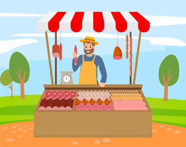Agricoltore del mercato locale che vende prodotti a base di carne fresca sul suo stand con tenda. Il contadino sels carne — Vettoriale Stock