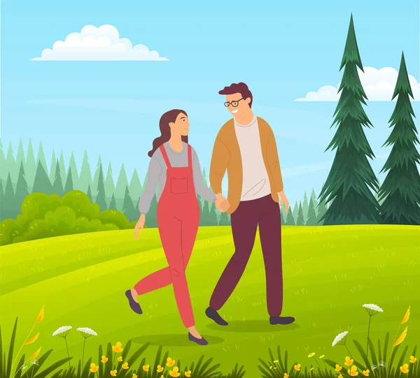 Пара гуляє в лісі. Молодий хлопець і дівчина тримають руки ходять в літньому саду, романтична прогулянка — стоковий вектор