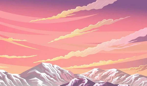 Paisagem de montanhas, vista panorâmica lilás abstrata, ilustração vetorial. Montanhas cobertas de neve —  Vetores de Stock